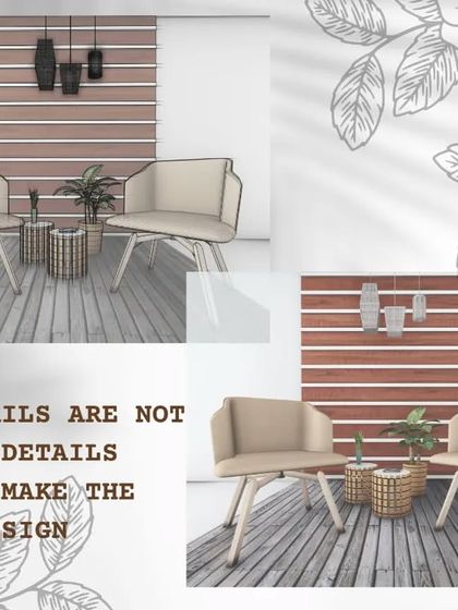 A cozy seating nook design that proves details make the design. The combination of textures, from the wooden floor and slatted wall to the woven side tables, creates a warm and inviting corner.