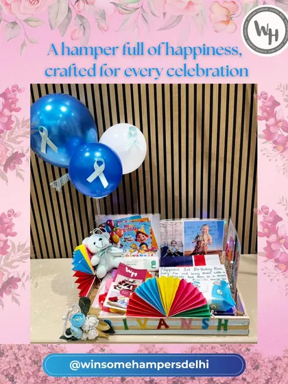 A hamper full of happiness, crafted for every celebration. This personalized birthday hamper for Ivansh is colorful and fun, complete with balloons and photos.