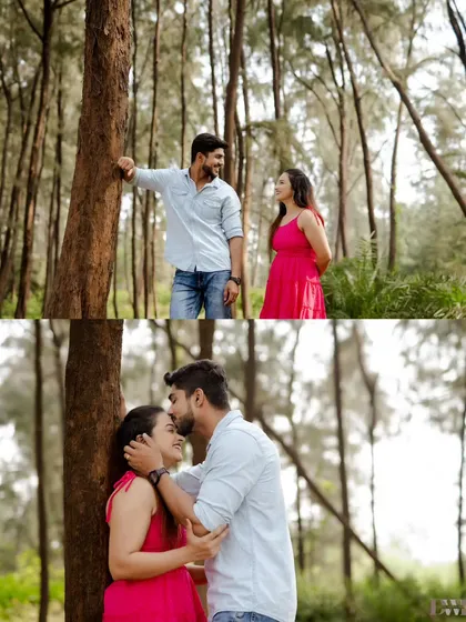 A collage of tender moments in the forest, from a loving gaze to a gentle kiss on the forehead. These are the quiet, intimate pre-wedding shots that speak volumes.