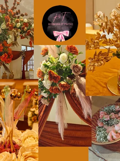 A collage showcasing the key elements of the Runa and Atul wedding, including the main floral arch, golden table centerpieces, and close-ups of the fabric and flower combinations.