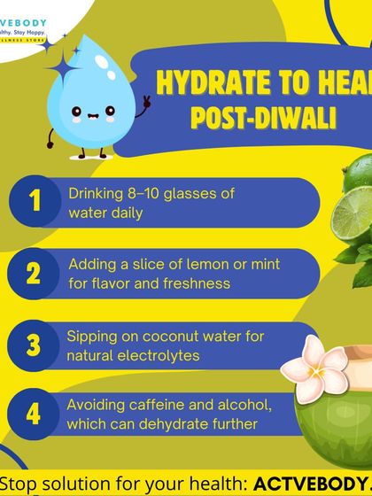Hydrate to Heal: Your Post-Diwali Plan. Hydration is key to flushing out toxins after the festival. I advise drinking 8-10 glasses of water daily, sipping on coconut water for natural electrolytes, and avoiding dehydrating drinks like caffeine and alcohol.