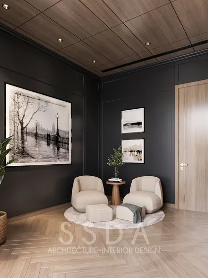 This corner of the study concept shows a cozy seating arrangement with light, minimal furniture, which provides a soft contrast to the dramatic black walls and wood ceiling.