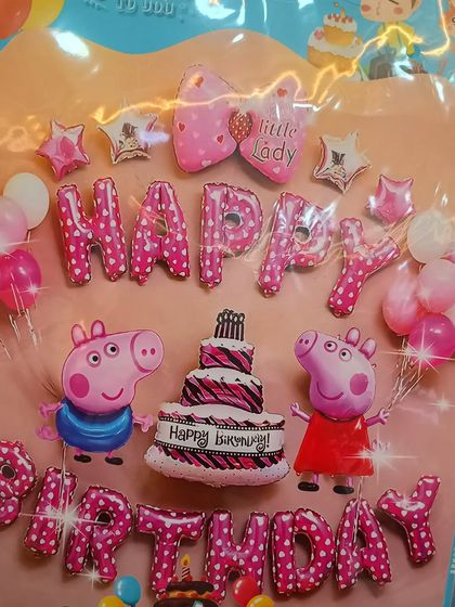 For the little ones, I have themed DIY balloon kits like this Peppa Pig set. It includes character foils, "Happy Birthday" letter balloons, and latex balloons to create a complete party scene at home.