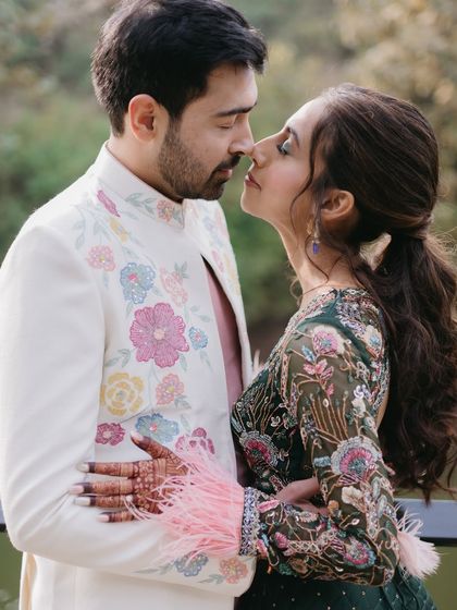 My bride Ria's carnival look. A colorful, striped lehenga paired with a chic ponytail and natural makeup.