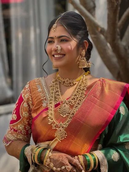 Another shot of our happy Maharashtrian bride, her smile as bright as the sun. The makeup is fresh and radiant.