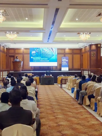 A view from our technical seminar in Salem, where over 200 professionals gathered to learn about smarter electrical systems. Our presentation on Automatic Transfer Switches is displayed on the main screen.