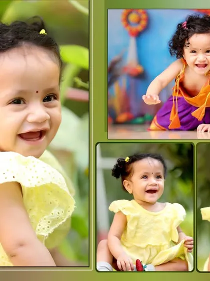 A bright and cheerful collage from an outdoor and studio baby photoshoot, highlighting the variety we offer.