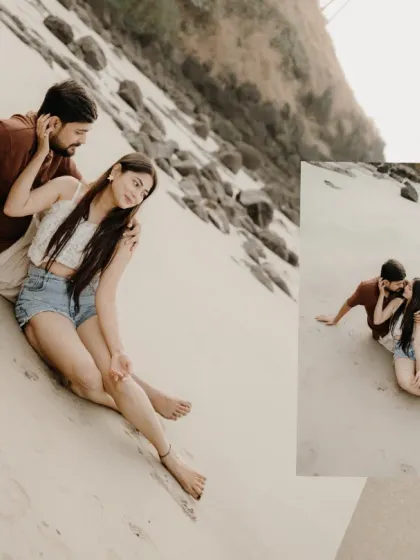A creative composition showing the couple sitting together on the sand, with an inset highlighting their loving gaze. This adds a layer of intimacy to the beautiful beach scenery.