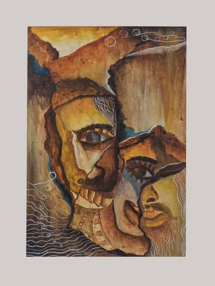 "TWO IDENTITIES," a 4 by 2.5 feet acrylic on canvas. This abstract piece explores the concept of duality and the different faces we present to the world. It's available for purchase.