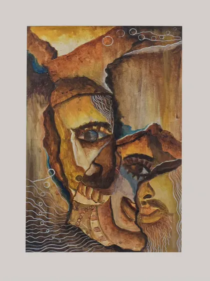 "TWO IDENTITIES," a 4 by 2.5 feet acrylic on canvas. This abstract piece explores the concept of duality and the different faces we present to the world. It's available for purchase.