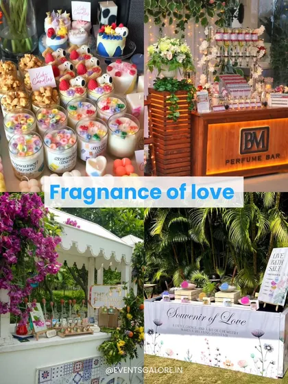 A collage of unique wedding stall ideas, including a 'Fragrance of Love' perfume bar and a 'Souvenirs of Love' bath salt station, offering guests a memorable, interactive experience.