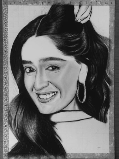 See how I drew Niharika NM's portrait. These images show the process from the initial grid and eye sketch to the final rendering of her hair and smile.