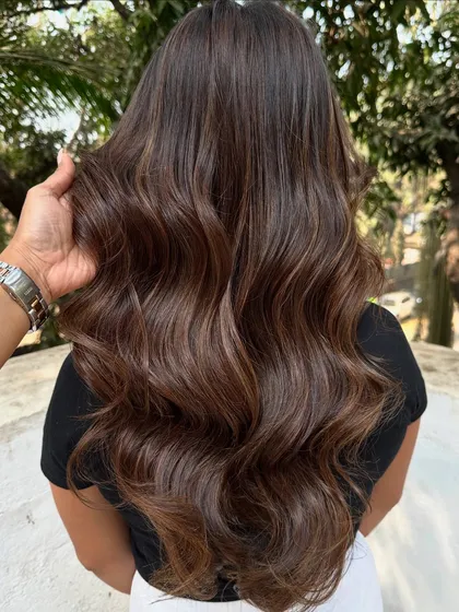I call this look 'Hazelnut Chocolate Truffle'. It's a deep, rich brunette base with fine hazelnut highlights that add a subtle shimmer. This is a great option for anyone wanting to enhance their dark hair without a drastic change.