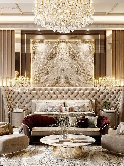 We believe a bedroom should be a sanctuary. For this master suite, we combined the timeless elegance of Neoclassical design with modern comforts, using a polished marble back wall, plush fabrics, and warm golden accents to create a space that feels both grand and serene.