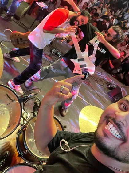 This is our happy place. A view from the drum kit, with our beat machine Jayaram taking a selfie with a massive, roaring crowd. We know how to pack a house and make sure every single person is part of the show.