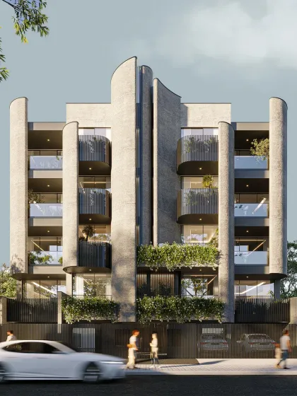 This facade embraces quiet confidence, where curved forms soften the skyline and proportion becomes the guiding principle. Every line is considered and every shadow is intentional, showing how refined simplicity becomes timeless.