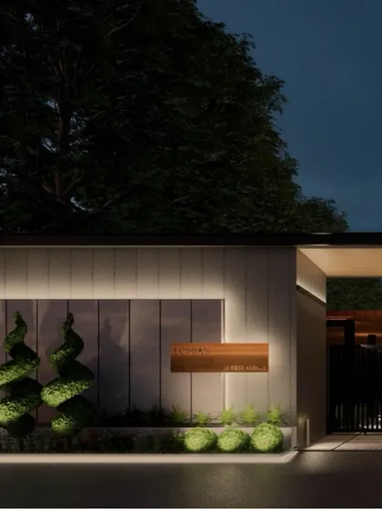 The entrance to a property is the first chapter of its story. This design concept uses a combination of wall grazing to highlight the textured stone, uplighting for the topiary, and soft linear light to create a secure, elegant, and welcoming gateway.