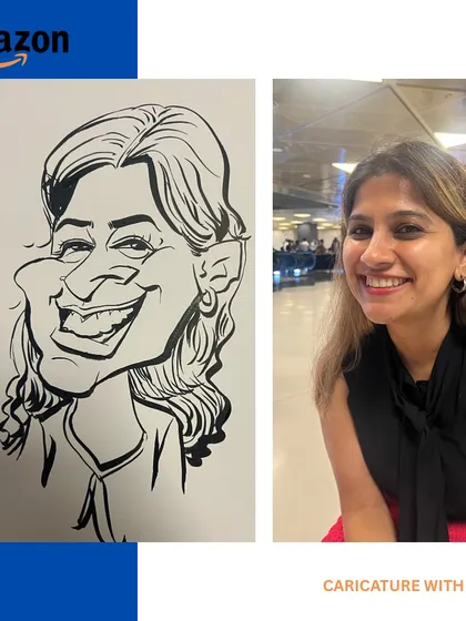 Smiles turned into strokes. This collage from an Amazon event shows how a sketch can perfectly match a smile, creating a fun memory for employees.