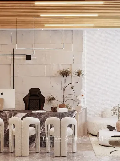 A panoramic render of the modern office space, giving a comprehensive view of the layout, including the main desk, client chairs, and lounge area.