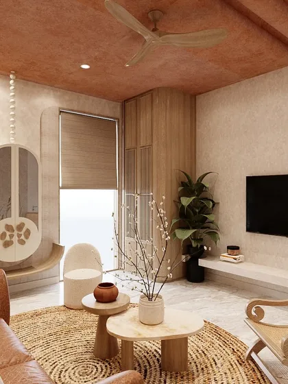 A rendering of a multifunctional room from an ongoing project, designed as a sanctuary for stillness. The space features textured walls, a terracotta-colored ceiling, and a floating mandir, creating a gentle and spiritual atmosphere.