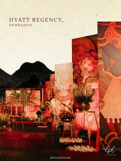 A graphic overlay of the hand-painted art panels against the Dehradun mountains, illustrating how we draw inspiration from both culture and location to create a cohesive design story.