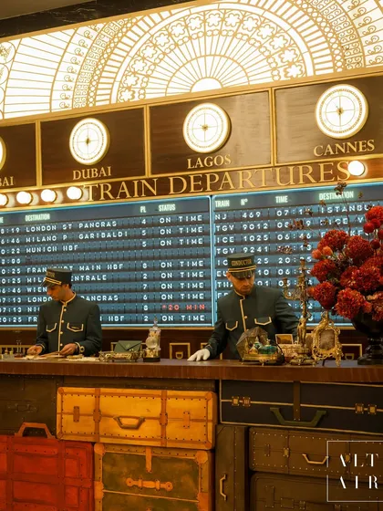 For a couple who first met on the Orient Express, I recreated the legendary train for their Sangeet. This immersive design shows how I love to weave a couple's personal history into every detail, from the vintage train departure board to costumed performers, turning a celebration into a living story.