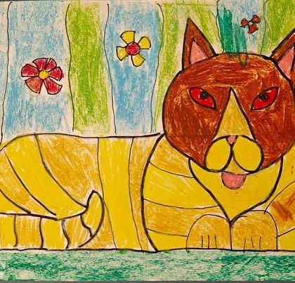 A stylized cat lying down. This lesson focuses on drawing animals in a resting pose and using patterns to create texture.