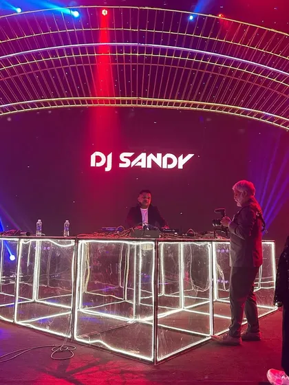 Another perspective of the futuristic DJ console at the Vietnam wedding. The setup itself can be a major part of the event's decor and theme.