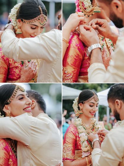 A collage of intimate ceremony moments, from exchanging jewelry to a warm hug.