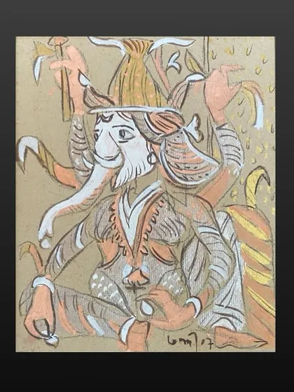 A beautiful 2007 watercolour on handmade paper by K. G. Subramanyan, depicting Lord Ganesha. This piece was featured as Lot 1 in one of our no-reserve auctions, offering a chance to acquire a work by this master artist.