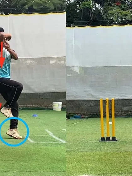 This left-arm spinner had poor body coordination and minimal non-bowling arm usage. The 'after' shot shows a significant improvement in his NBA lift and overall coordination.