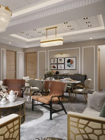 The dining area is seamlessly integrated with the living space, featuring comfortable leather chairs and a modern credenza for storage and display.