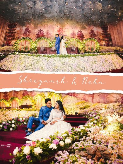 A stunning collage of the couple at their reception. The wide shot shows the magnificent floral stage, while the closer shot captures their romantic pose.