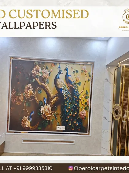 A beautiful 3D customized wallpaper featuring a peacock and floral design, framed like a piece of art on the wall.