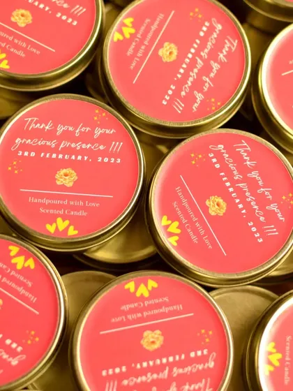 These lovely Rose fragrance tin candles were gifted for my daughter's first birthday. I can create custom labels for any occasion, making them a versatile and thoughtful gifting accessory.