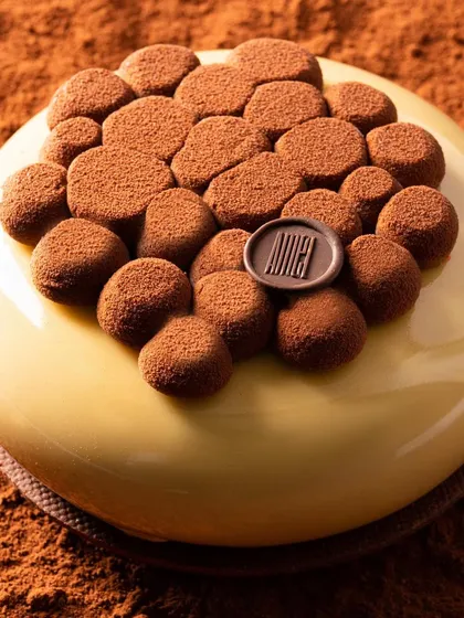 Dessert photography requires an artistic touch to capture delicate textures and presentation. This shot of a mirror-glazed entremet, styled on a bed of cocoa, showcases our ability to turn patisserie into a work of art for high-end bakeries.