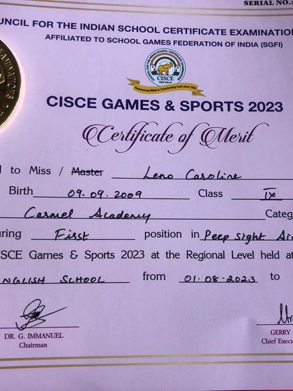 The official Certificate of Merit awarded to our shooter Leno Caroline for securing first position in Peep Sight Air Rifle at the CISCE Games & Sports 2023.