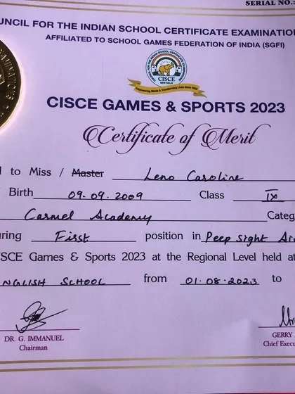 The official Certificate of Merit awarded to our shooter Leno Caroline for securing first position in Peep Sight Air Rifle at the CISCE Games & Sports 2023.