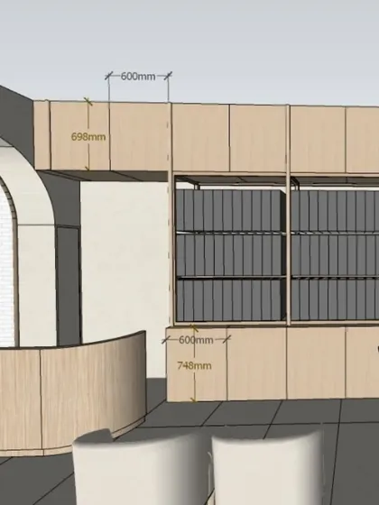 Every project begins with a clear vision. This is a 3D visualization of a reception area, allowing clients to see and approve the layout, materials, and dimensions before any construction begins.