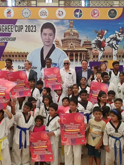A large group of young participants at the Korea India Kukkiwon International Championship. We encourage participation in such events to give students valuable exposure.