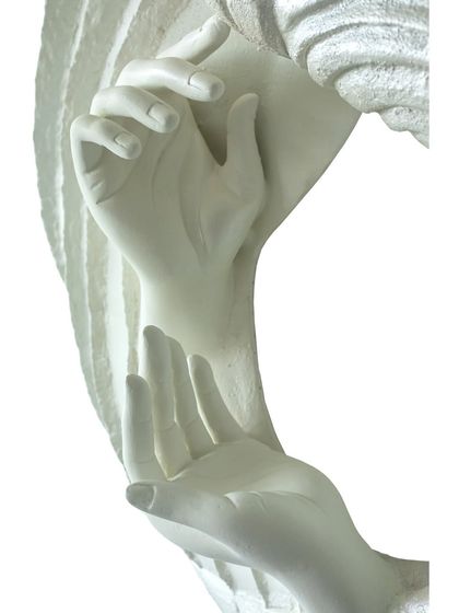 A close-up on the beautifully sculpted hands of "The Awakening Cycle" (Series 3). They represent the delicate act of self-discovery and the gentle embrace of one's own path.