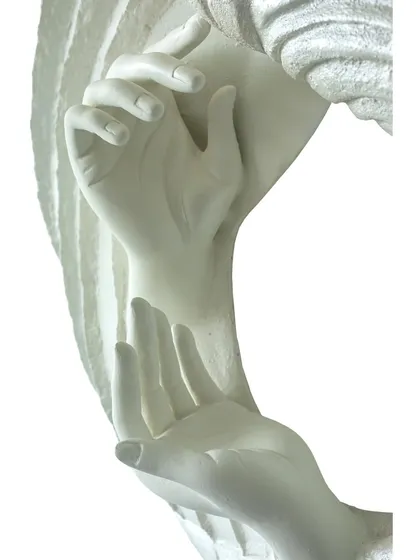 A close-up on the beautifully sculpted hands of "The Awakening Cycle" (Series 3). They represent the delicate act of self-discovery and the gentle embrace of one's own path.