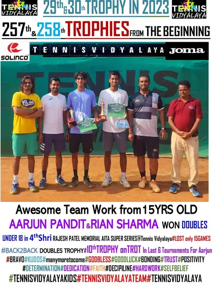 Awesome teamwork from 15-year-olds Aarjun Pandit & Rian Sharma, winning the Doubles Under 18 at the 4th Shri Rajesh Patel Memorial AITA Super Series.