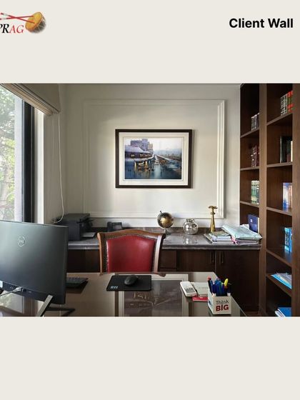 A thoughtfully curated artwork brings a sense of calm and perspective to this professional workspace. The frame and art were chosen to enrich the office wall without being distracting, creating an environment for focus and clarity.