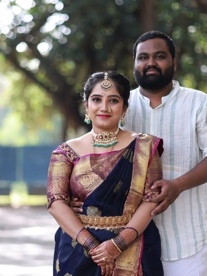 A beautiful couple portrait. Annu's choice of a modern-traditional fusion choker adds a unique touch to her look.