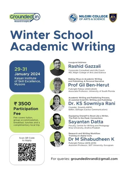 This poster is for a Winter School on Academic Writing in Mysore where I was a resource person. It's always exciting to join a panel of esteemed scholars for hands-on training with PhD students and early career researchers.