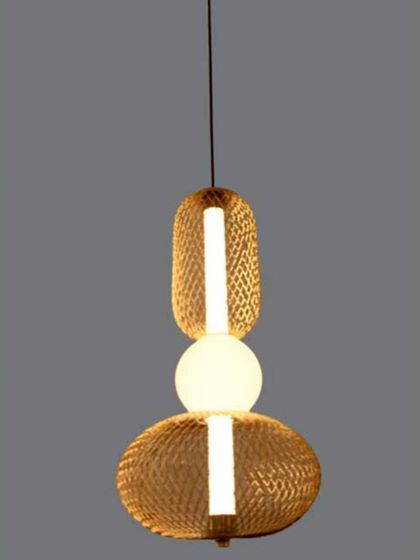 A modern pendant combining a woven cage design with an internal light tube and globe. This fixture offers a unique mix of textures.
