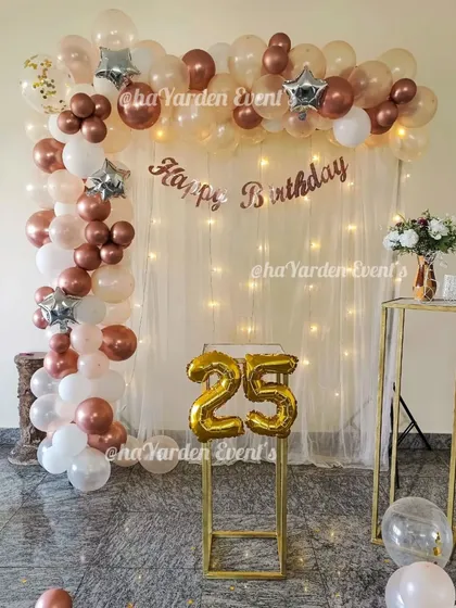 A simple and elegant setup with a balloon arch and a sheer curtain with fairy lights.
