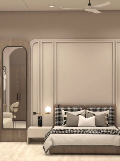 This render provides a complete look at the proposed master bedroom, including the bed, seating area, vanity, and wardrobe, all in a harmonious, calming design.