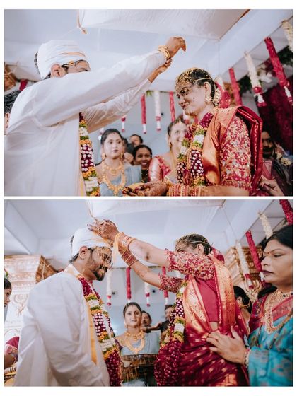 A collage of the Talambralu ritual, where the bride and groom shower each other with rice and pearls, a joyful and significant moment.